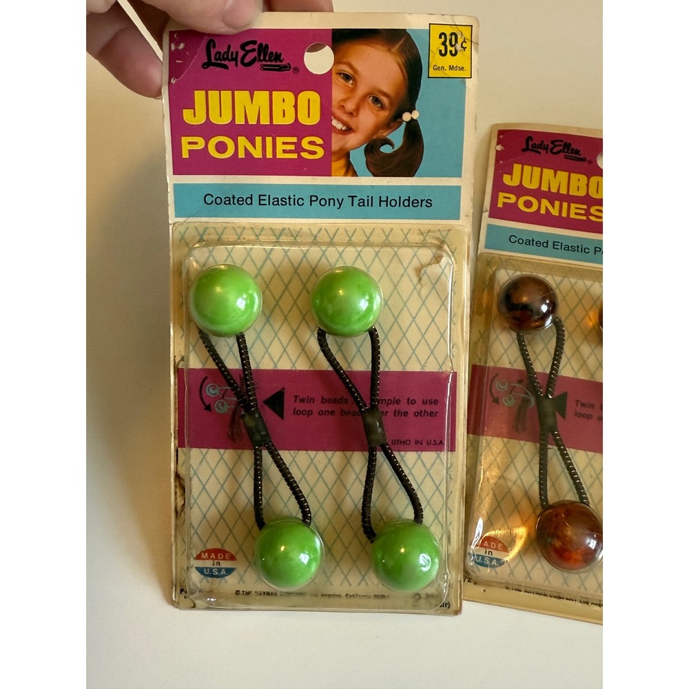 Vintage Lady Ellen Jumbo Ponies Hair Ties Coated Elastic Bead Green Brown 2 Pack
